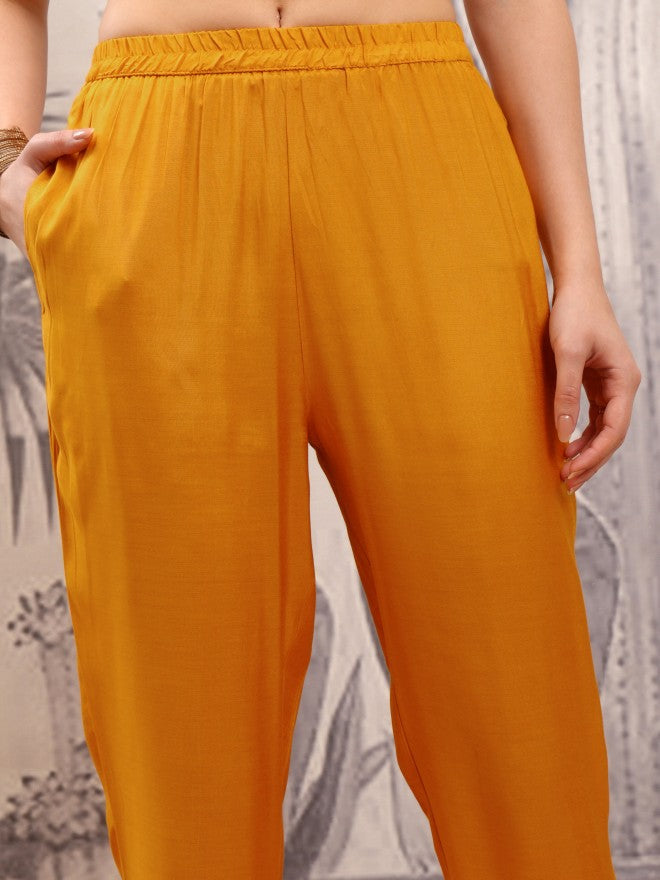 Vishudh Women Mustard Embroidered Kurta With Trouser And Dupatta - Mustard - Image 8