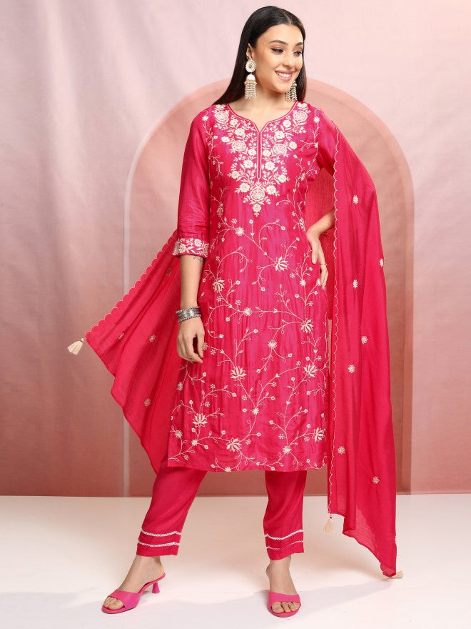 Vishudh Women Pink Embroidered Kurta With Trouser And Dupatta - Pink - Image 2