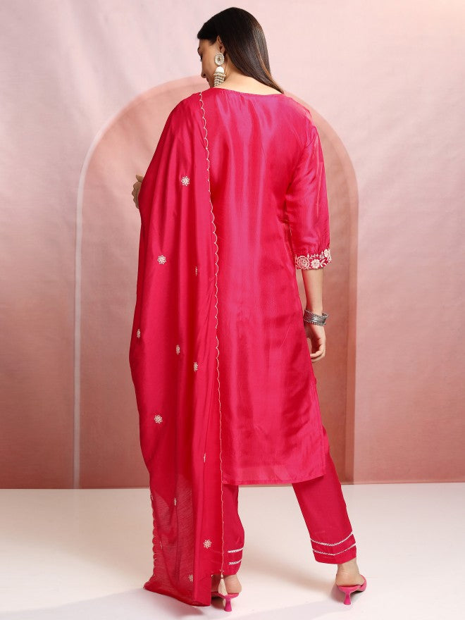 Vishudh Women Pink Embroidered Kurta With Trouser And Dupatta - Pink - Image 3