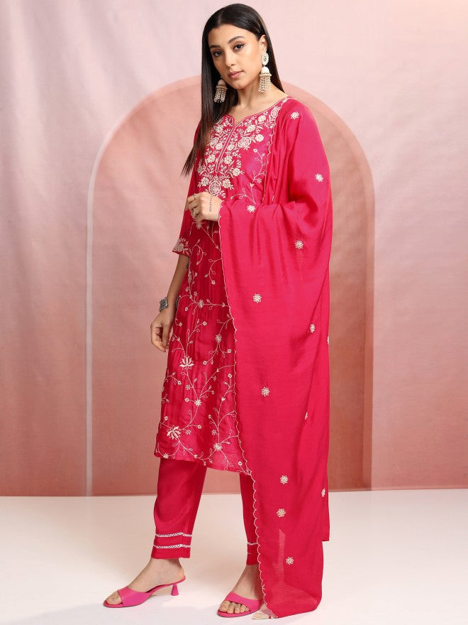 Vishudh Women Pink Embroidered Kurta With Trouser And Dupatta - Pink - Image 4