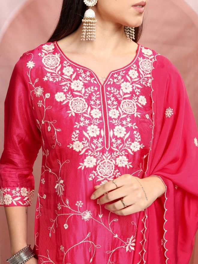 Vishudh Women Pink Embroidered Kurta With Trouser And Dupatta - Pink - Image 5