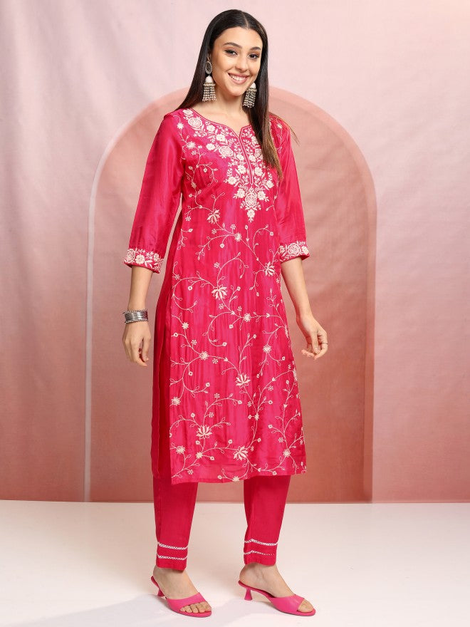 Vishudh Women Pink Embroidered Kurta With Trouser And Dupatta - Pink - Image 6