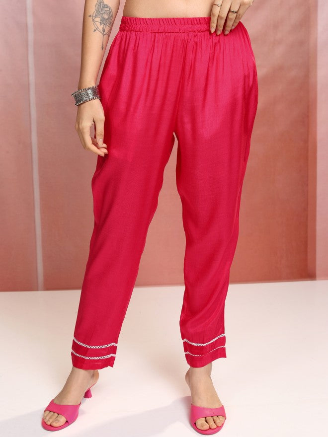 Vishudh Women Pink Embroidered Kurta With Trouser And Dupatta - Pink - Image 7