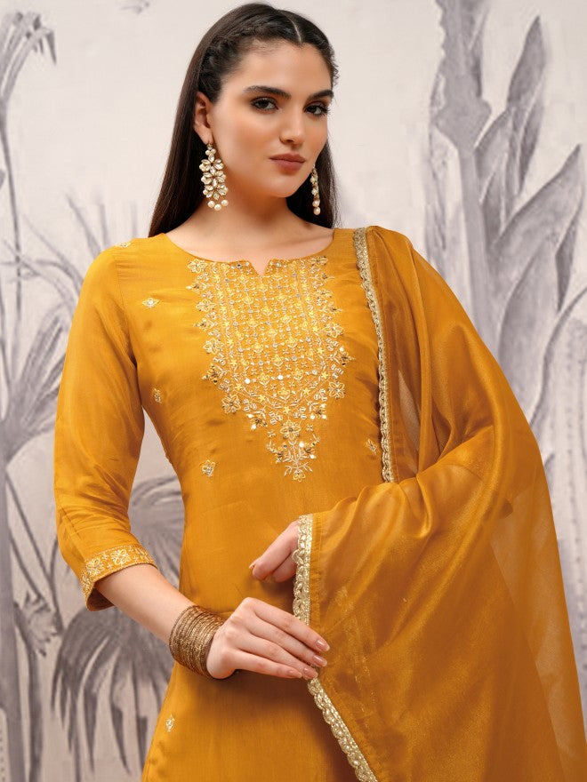 Vishudh Women Mustard Embroidered Kurta With Trouser And Dupatta - Mustard - Image 1