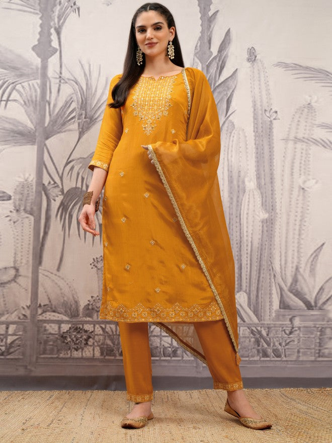 Vishudh Women Mustard Embroidered Kurta With Trouser And Dupatta - Mustard - Image 2