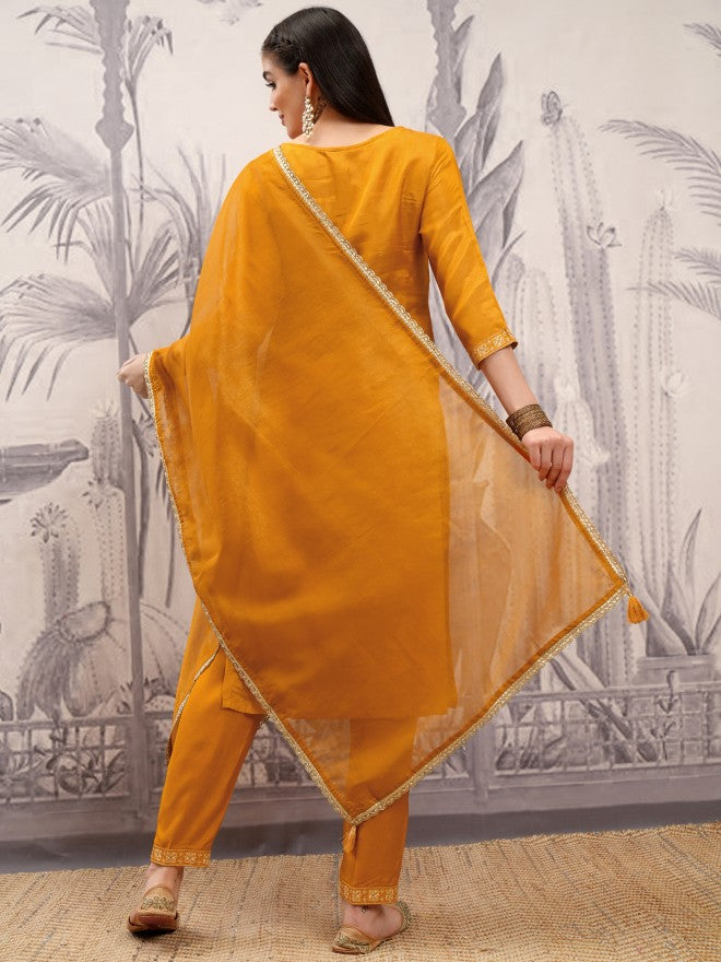 Vishudh Women Mustard Embroidered Kurta With Trouser And Dupatta - Mustard - Image 3