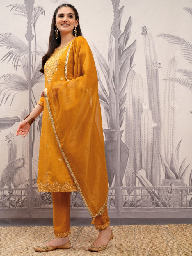 Vishudh Women Mustard Embroidered Kurta With Trouser And Dupatta - Mustard - Image 4