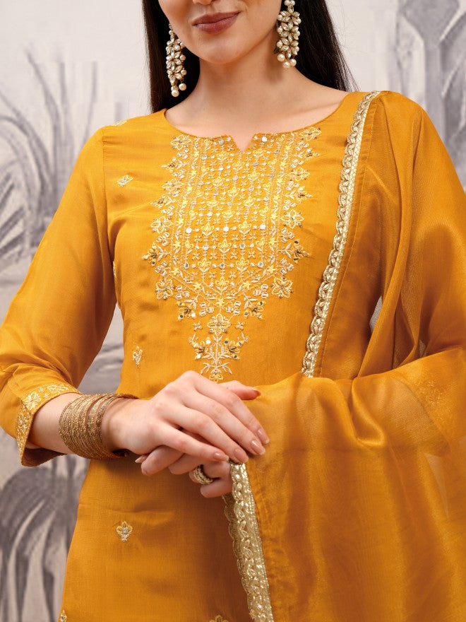 Vishudh Women Mustard Embroidered Kurta With Trouser And Dupatta - Mustard - Image 5
