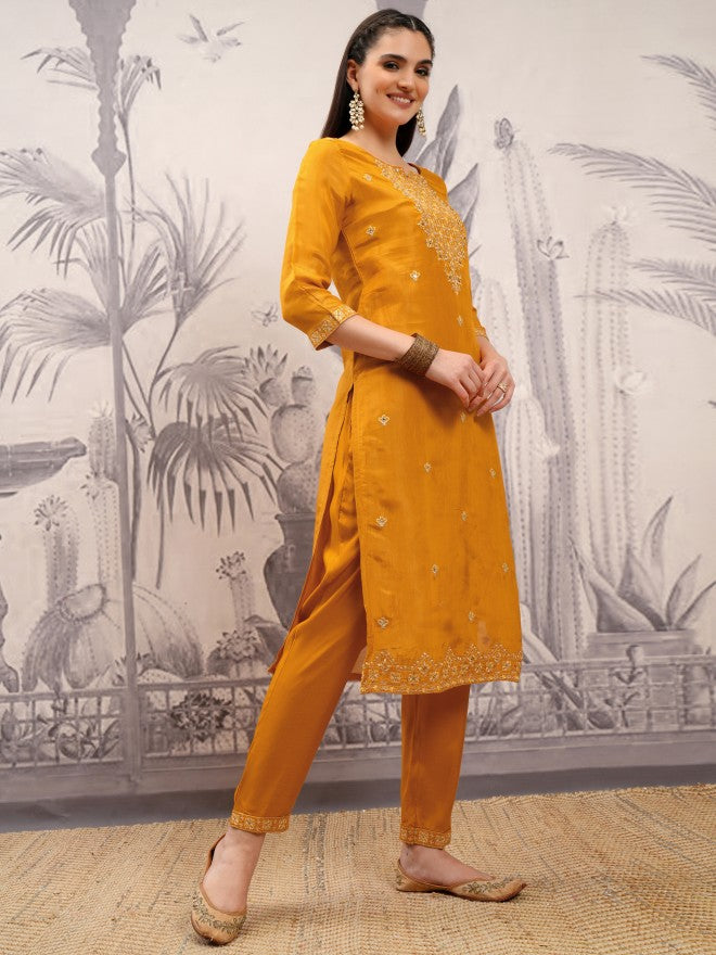 Vishudh Women Mustard Embroidered Kurta With Trouser And Dupatta - Mustard - Image 6