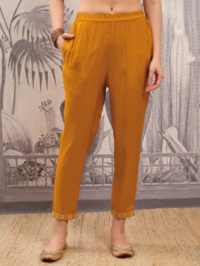 Vishudh Women Mustard Embroidered Kurta With Trouser And Dupatta - Mustard - Image 7