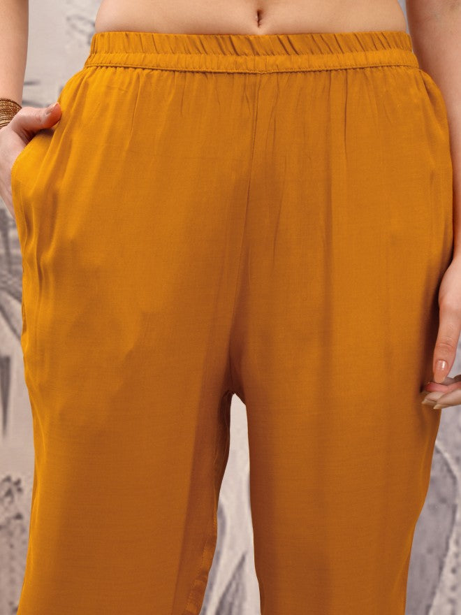Vishudh Women Mustard Embroidered Kurta With Trouser And Dupatta - Mustard - Image 8