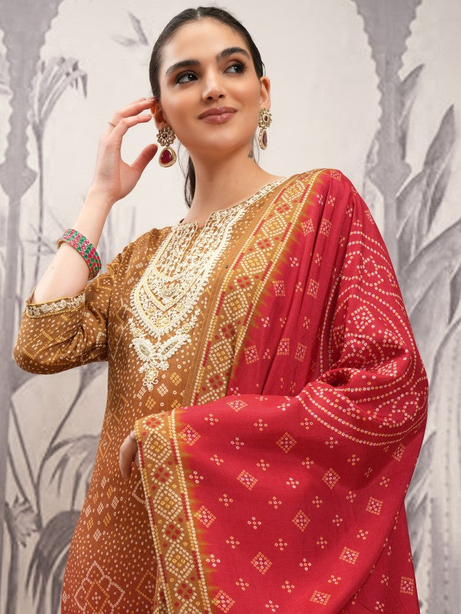 Vishudh Women Brown Printed Kurta With Trouser And Dupatta - Brown - Image 1