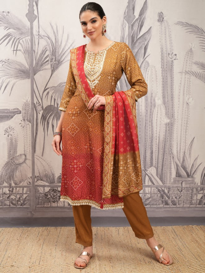 Vishudh Women Brown Printed Kurta With Trouser And Dupatta - Brown - Image 2