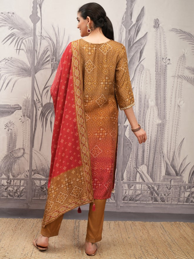 Vishudh Women Brown Printed Kurta With Trouser And Dupatta - Brown - Image 3