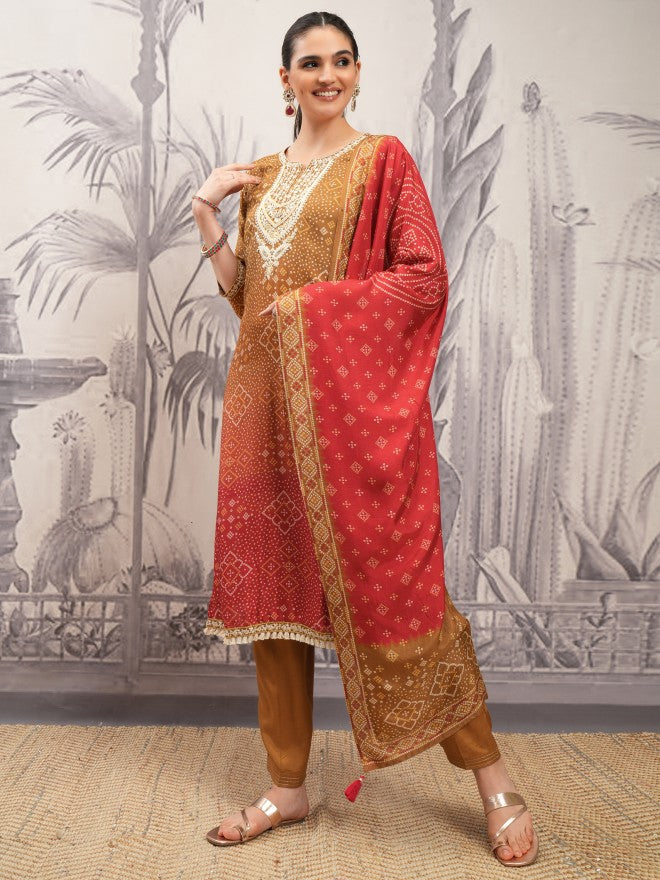 Vishudh Women Brown Printed Kurta With Trouser And Dupatta - Brown - Image 4