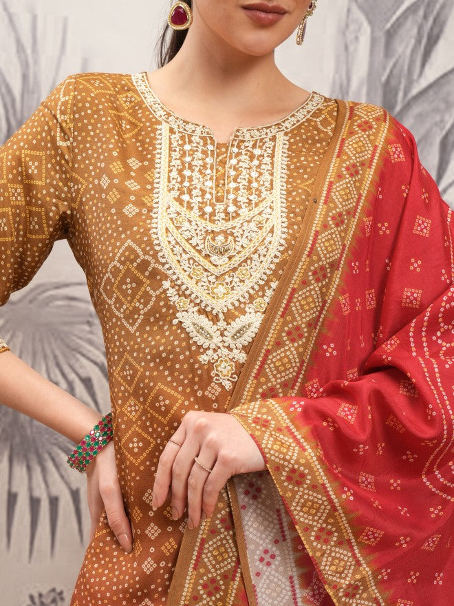Vishudh Women Brown Printed Kurta With Trouser And Dupatta - Brown - Image 5