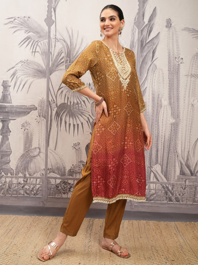 Vishudh Women Brown Printed Kurta With Trouser And Dupatta - Brown - Image 6