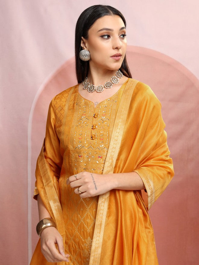 Vishudh Women Mustard Embroidered Kurta With Trouser And Dupatta - Mustard - Image 1