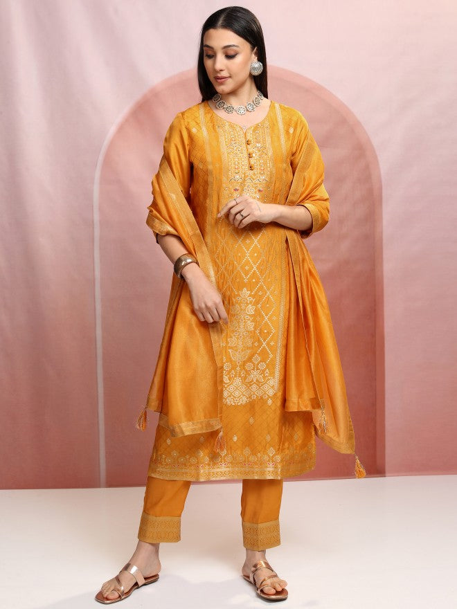 Vishudh Women Mustard Embroidered Kurta With Trouser And Dupatta - Mustard - Image 2