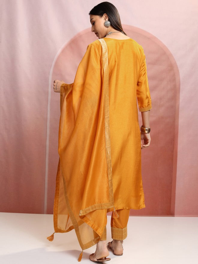 Vishudh Women Mustard Embroidered Kurta With Trouser And Dupatta - Mustard - Image 3