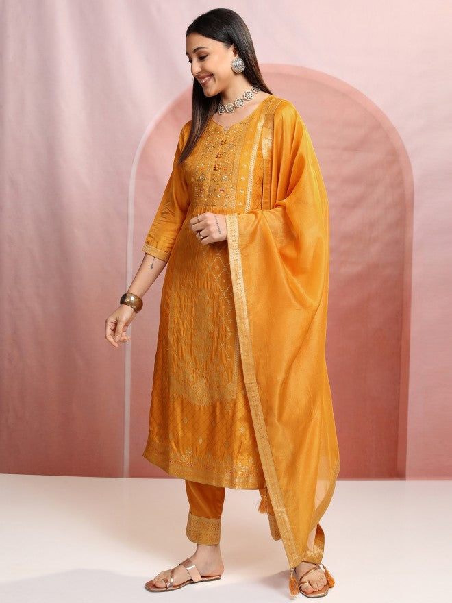 Vishudh Women Mustard Embroidered Kurta With Trouser And Dupatta - Mustard - Image 4