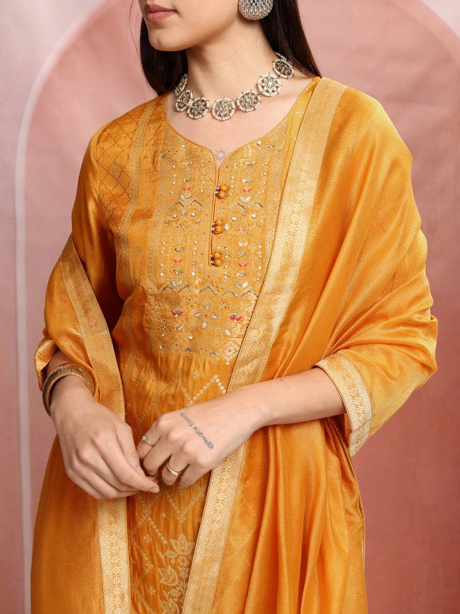 Vishudh Women Mustard Embroidered Kurta With Trouser And Dupatta - Mustard - Image 5