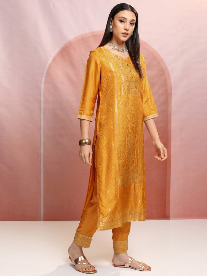 Vishudh Women Mustard Embroidered Kurta With Trouser And Dupatta - Mustard - Image 6