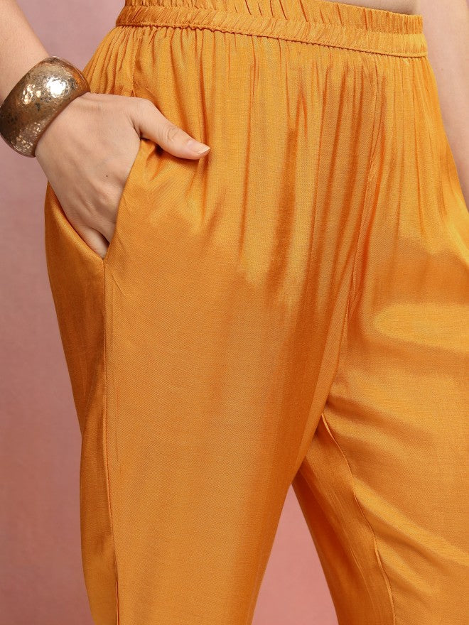 Vishudh Women Mustard Embroidered Kurta With Trouser And Dupatta - Mustard - Image 8