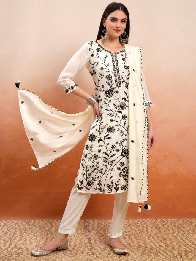 Vishudh Women Off White Embroidered Kurta With Trouser And Dupatta - Off White - Image 2