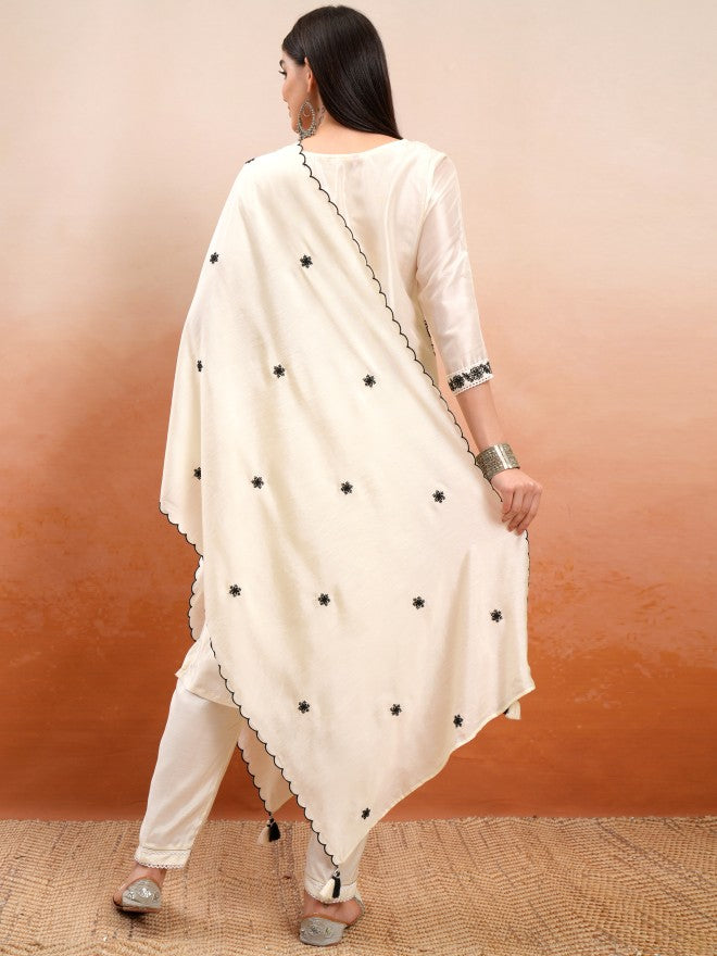 Vishudh Women Off White Embroidered Kurta With Trouser And Dupatta - Off White - Image 3
