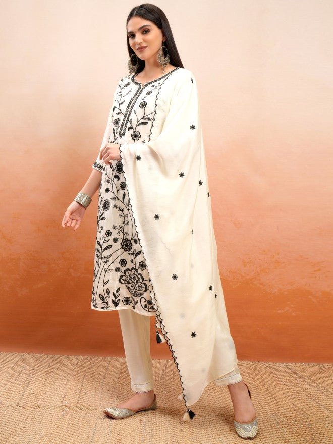 Vishudh Women Off White Embroidered Kurta With Trouser And Dupatta - Off White - Image 4