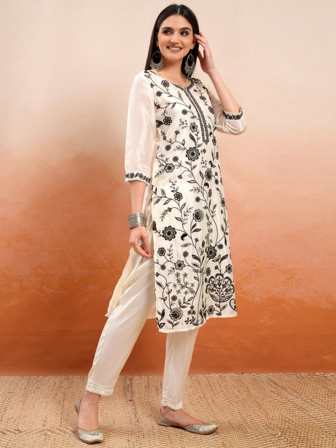 Vishudh Women Off White Embroidered Kurta With Trouser And Dupatta - Off White - Image 6