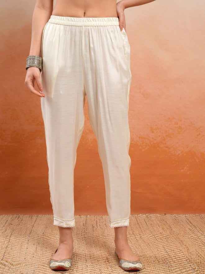 Vishudh Women Off White Embroidered Kurta With Trouser And Dupatta - Off White - Image 7