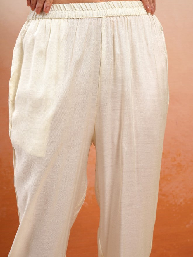 Vishudh Women Off White Embroidered Kurta With Trouser And Dupatta - Off White - Image 8