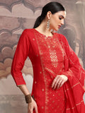 Vishudh Women Red Embroidered Kurta With Trouser And Dupatta - Red - Image 1