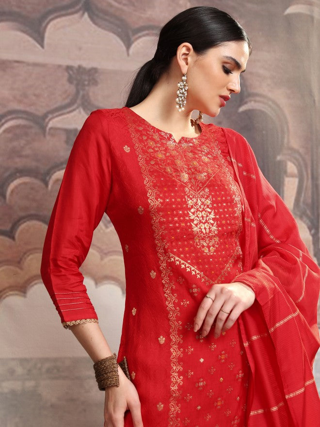 Vishudh Women Red Embroidered Kurta With Trouser And Dupatta - Red - Image 1