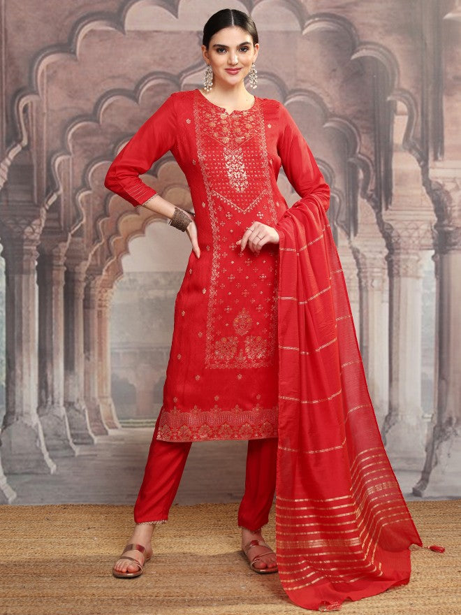 Vishudh Women Red Embroidered Kurta With Trouser And Dupatta - Red - Image 2