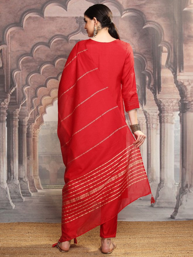 Vishudh Women Red Embroidered Kurta With Trouser And Dupatta - Red - Image 3