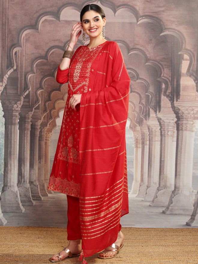 Vishudh Women Red Embroidered Kurta With Trouser And Dupatta - Red - Image 4