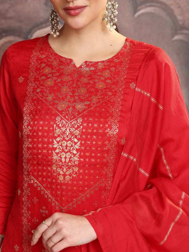 Vishudh Women Red Embroidered Kurta With Trouser And Dupatta - Red - Image 5