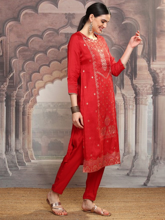 Vishudh Women Red Embroidered Kurta With Trouser And Dupatta - Red - Image 6