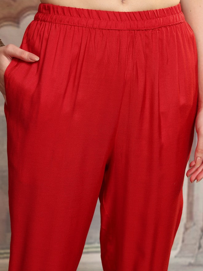 Vishudh Women Red Embroidered Kurta With Trouser And Dupatta - Red - Image 7