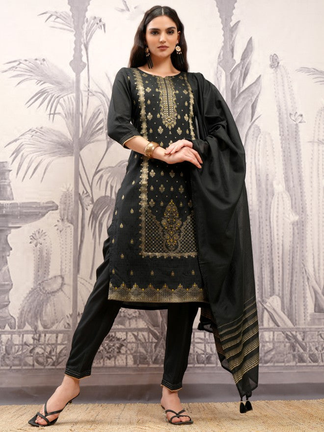 Vishudh Women Black Embroidered Kurta With Trouser And Dupatta - Black - Image 2
