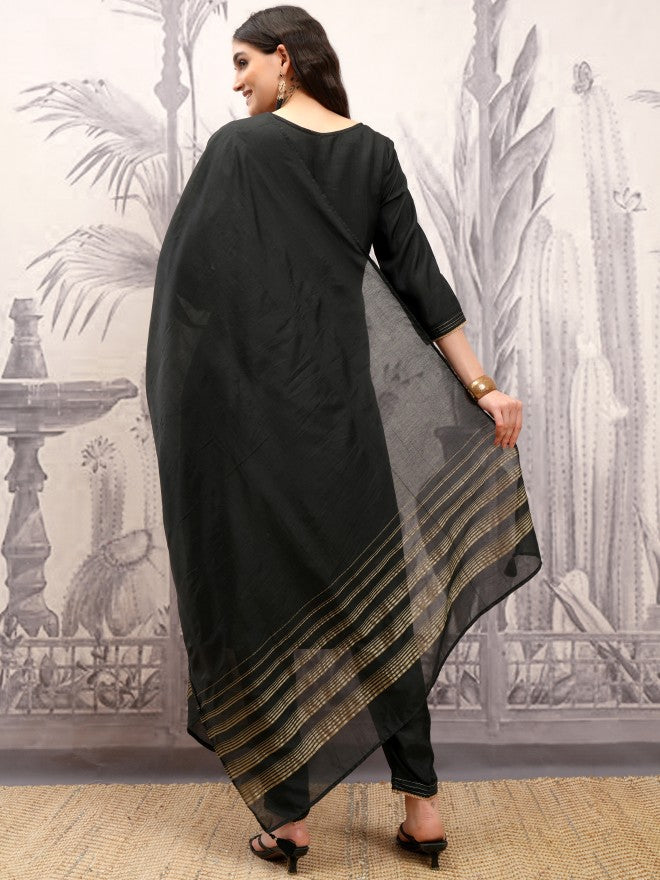 Vishudh Women Black Embroidered Kurta With Trouser And Dupatta - Black - Image 3