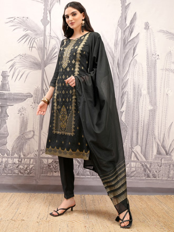 Vishudh Women Black Embroidered Kurta With Trouser And Dupatta - Black - Image 4
