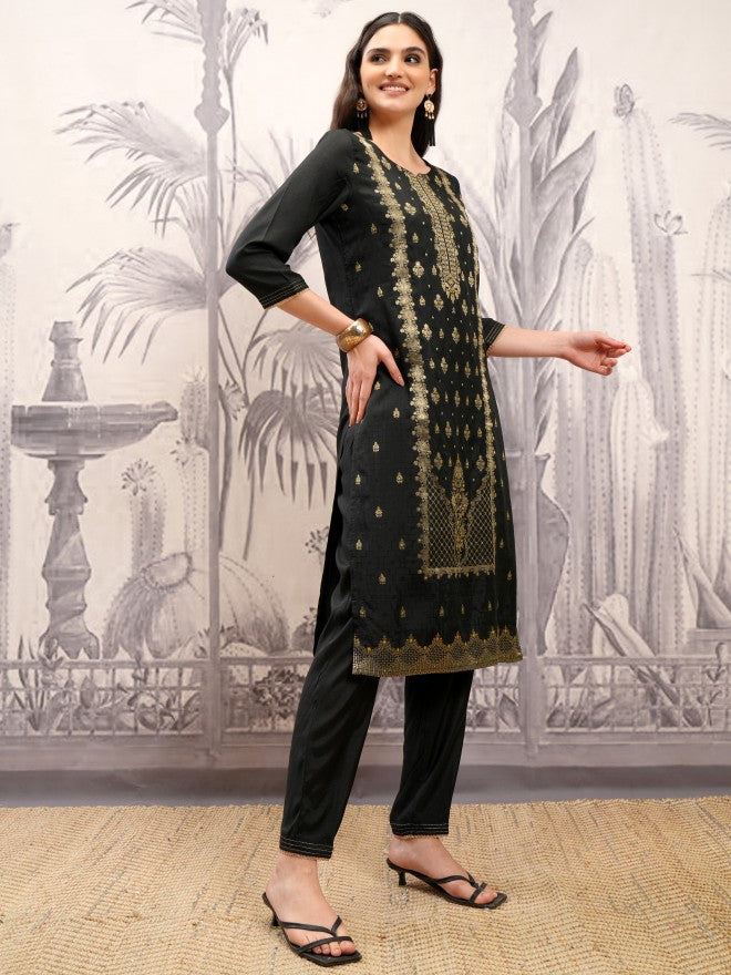 Vishudh Women Black Embroidered Kurta With Trouser And Dupatta - Black - Image 6
