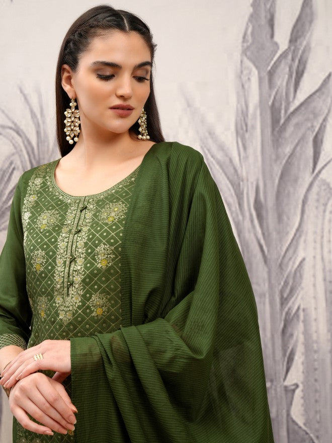 Vishudh Women Green Embroidered Kurta With Trouser And Dupatta - Green - Image 1
