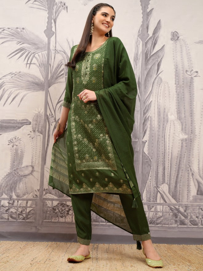 Vishudh Women Green Embroidered Kurta With Trouser And Dupatta - Green - Image 2