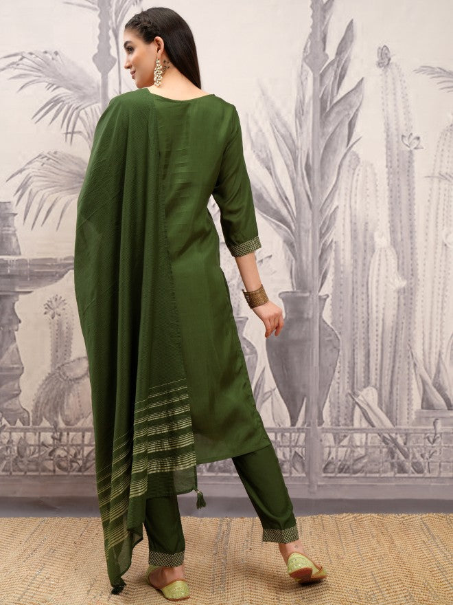 Vishudh Women Green Embroidered Kurta With Trouser And Dupatta - Green - Image 3