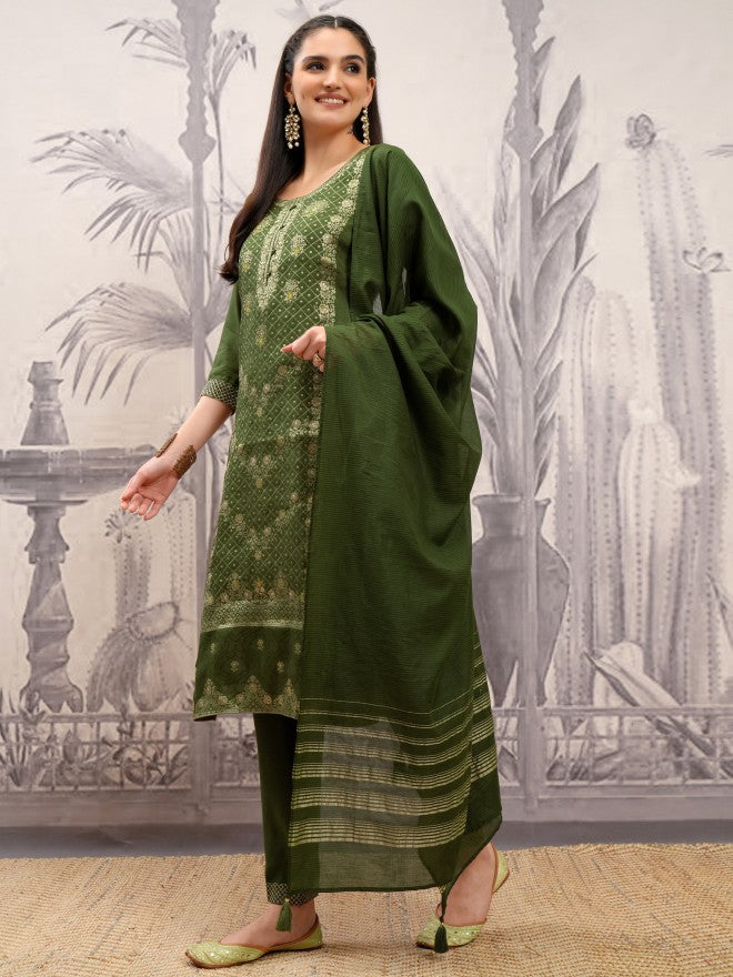 Vishudh Women Green Embroidered Kurta With Trouser And Dupatta - Green - Image 4